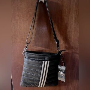 THINK ROYLN Black Quilted Bag with Gray Stripes